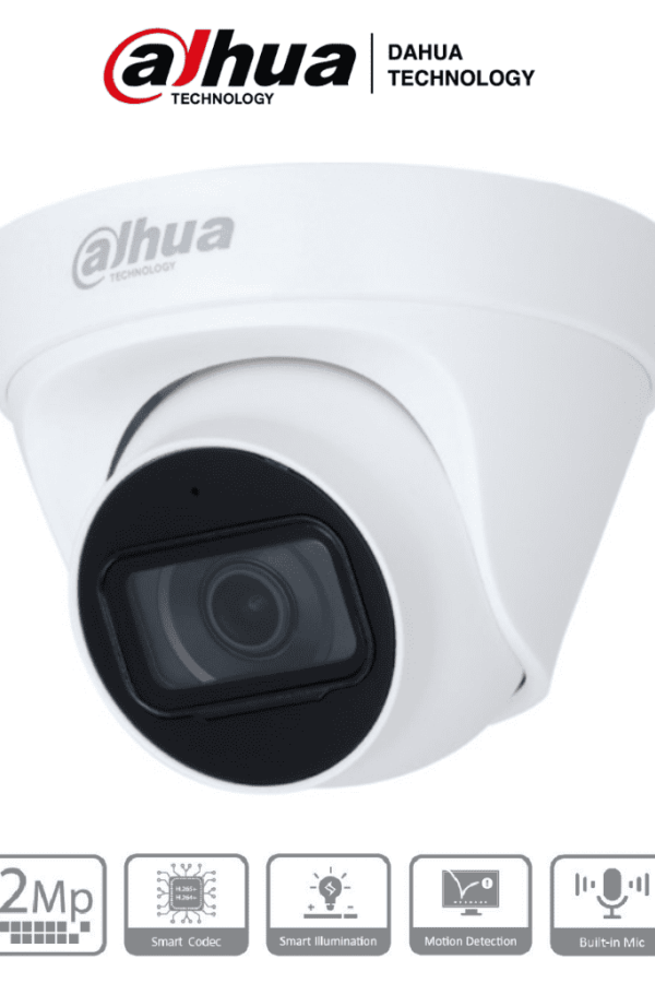DAHUA IPC-HDW1230T1-A-S5-Cámara IP Domo 2MP con lente de 2.8 mm, ángulo de visión de 102 grados, micrófono integrado, IR de 30m, IP67, PoE, DWDR.
